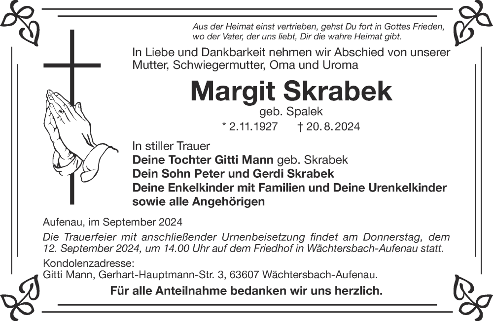  Traueranzeige für Margit Skrabek vom 07.09.2024 aus Gelnhäuser Neue Zeitung