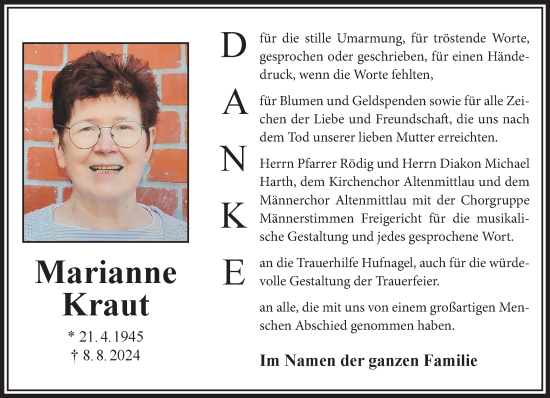 Traueranzeige von Marianne Kraut von Gelnhäuser Neue Zeitung