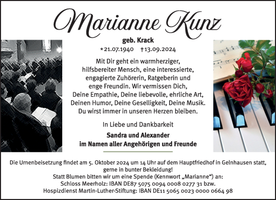Traueranzeige von Marianne Kunz von Gelnhäuser Neue Zeitung
