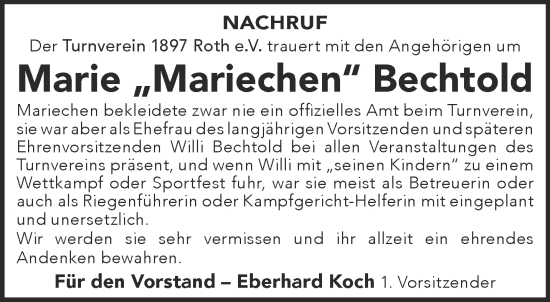 Traueranzeige von Marie Bechtold von Mittelhessen-Bote