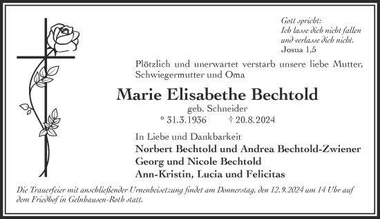 Traueranzeige von Marie Elisabethe Bechtold von Mittelhessen-Bote