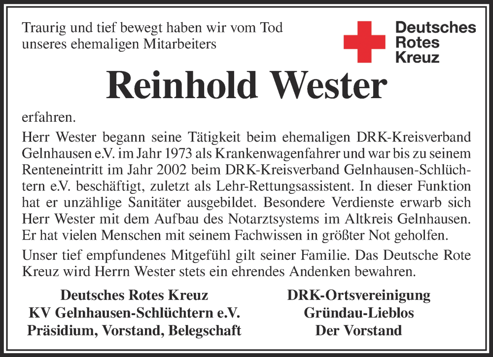  Traueranzeige für Reinhold Wester vom 21.09.2024 aus Mittelhessen-Bote