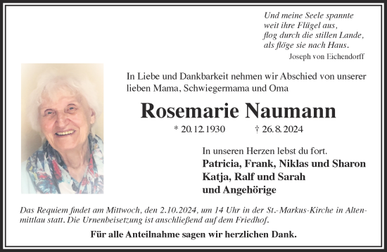 Traueranzeige von Rosemarie Naumann von Gelnhäuser Neue Zeitung