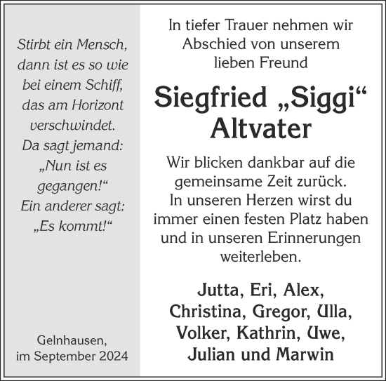 Traueranzeige von Siegfried Altvater von Gelnhäuser Neue Zeitung