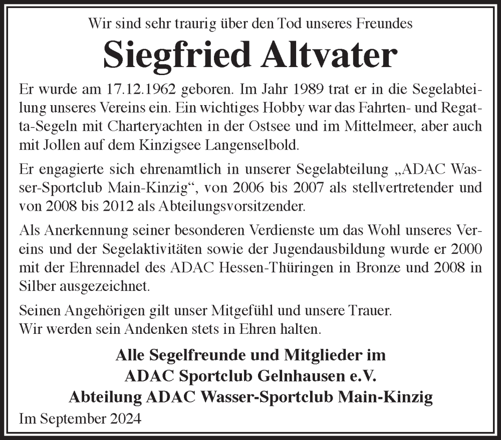  Traueranzeige für Siegfried Altvater vom 14.09.2024 aus Gelnhäuser Neue Zeitung