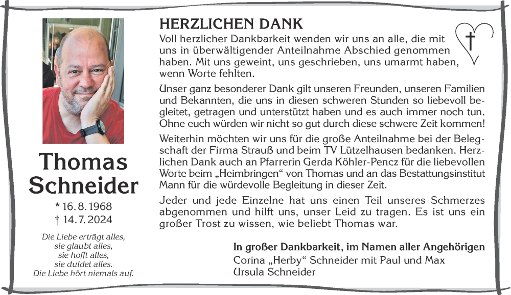  Traueranzeige für Thomas Schneider vom 07.09.2024 aus Gelnhäuser Neue Zeitung