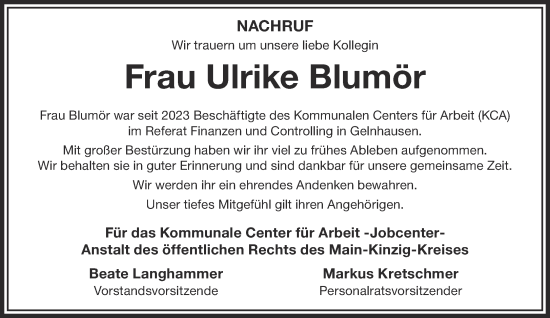 Traueranzeige von Ulrike Blumör von Gelnhäuser Neue Zeitung