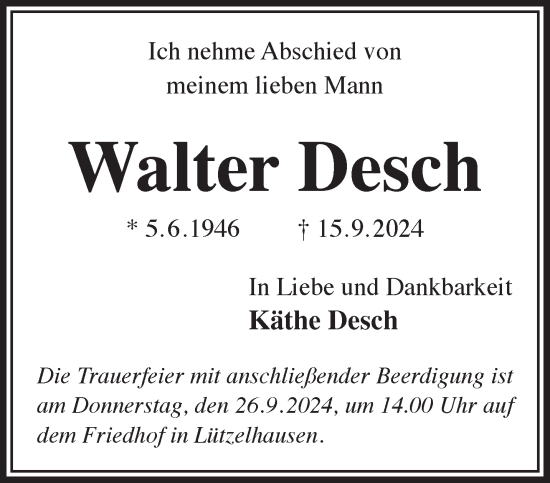Traueranzeige von Walter Desch von Gelnhäuser Neue Zeitung