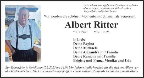 Traueranzeige von Albert Ritter von Gelnhäuser Neue Zeitung