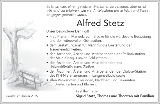 Traueranzeige von Alfred Stetz von Mittelhessen-Bote
