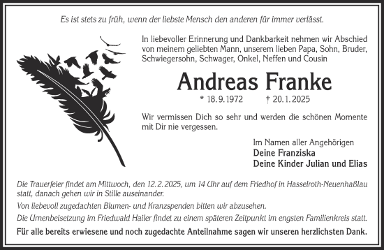 Traueranzeige von Andreas Franke von Gelnhäuser Neue Zeitung