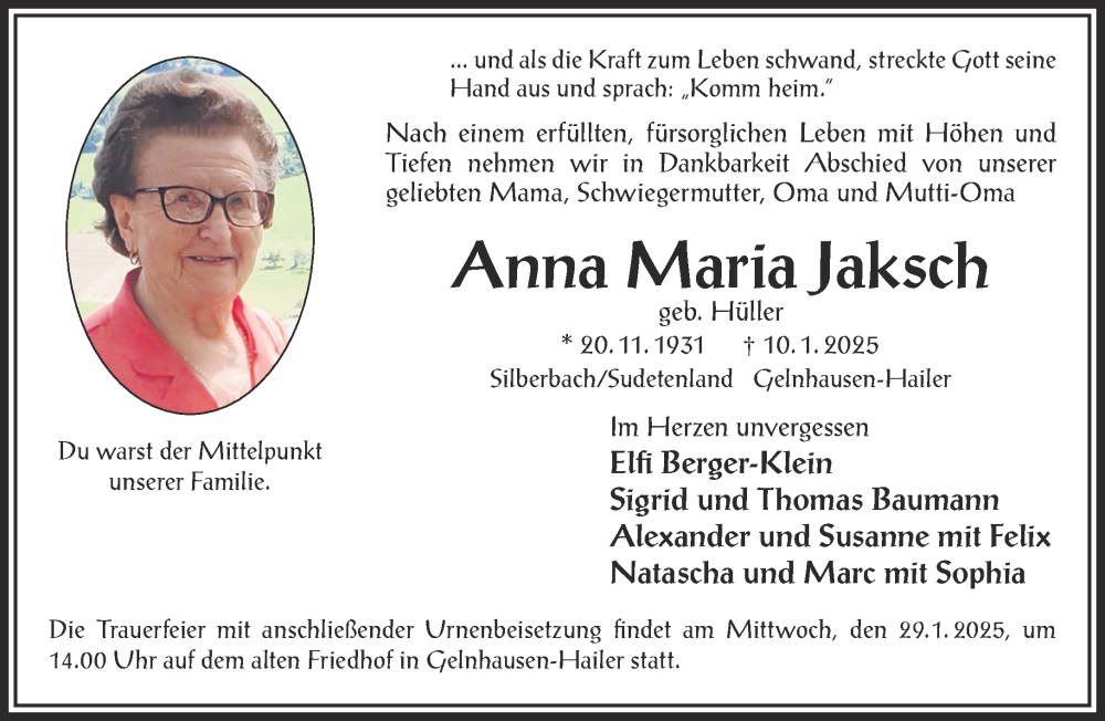  Traueranzeige für Anna Maria Jaksch vom 25.01.2025 aus Gelnhäuser Neue Zeitung