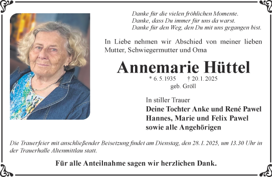 Traueranzeige von Annemarie Hüttel von Gelnhäuser Neue Zeitung