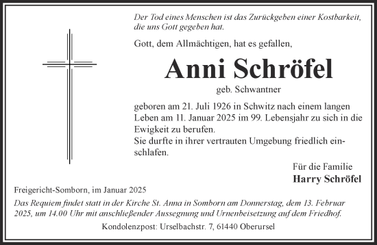 Traueranzeige von Anni Schröfel von Gelnhäuser Neue Zeitung