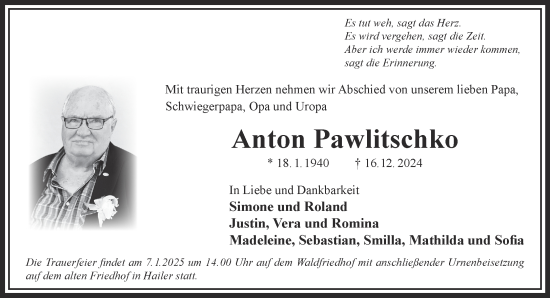 Traueranzeige von Anton Pawlitschko von Mittelhessen-Bote