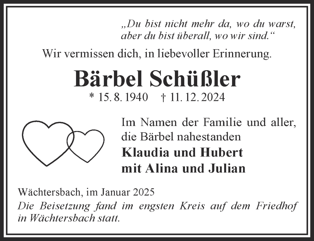 Traueranzeige für Bärbel Schüßler vom 25.01.2025 aus Mittelhessen-Bote
