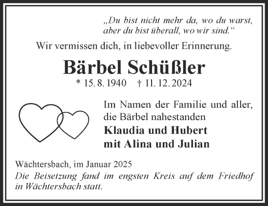 Traueranzeige von Bärbel Schüßler von Mittelhessen-Bote