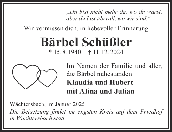 Traueranzeige von Bärbel Schüßler von Gelnhäuser Neue Zeitung