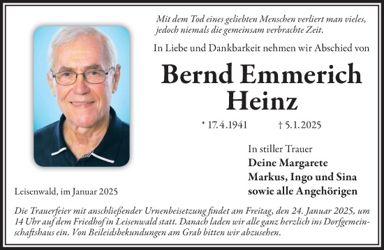 Traueranzeige von Bernd Emmerich Heinz von Gelnhäuser Neue Zeitung