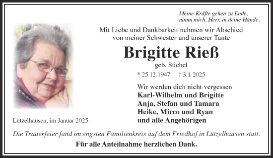 Traueranzeige von Brigitte Rieß von Gelnhäuser Neue Zeitung