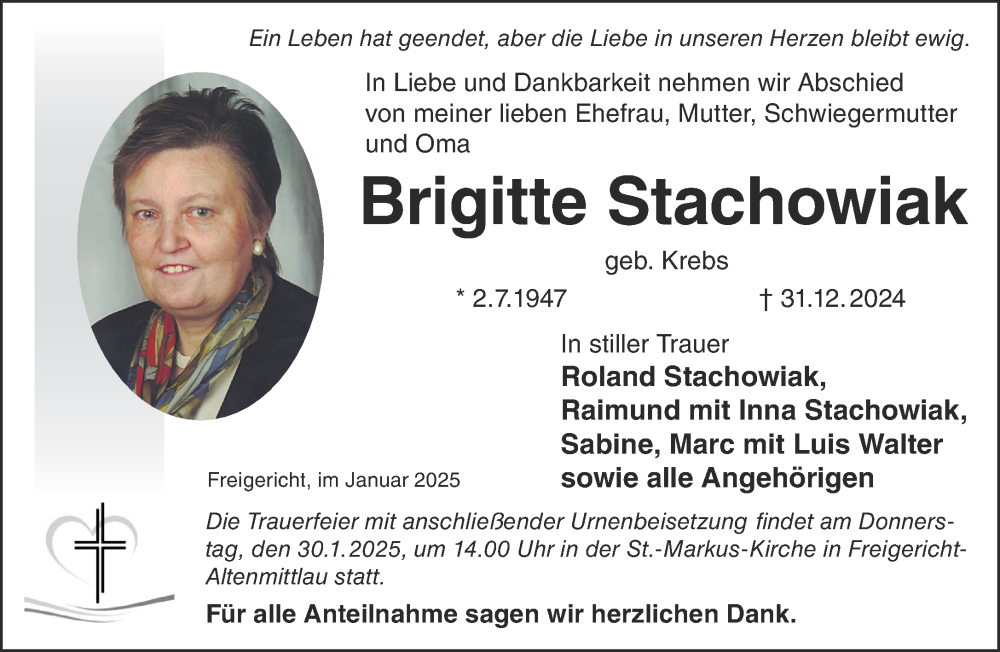  Traueranzeige für Brigitte Stachowiak vom 18.01.2025 aus Gelnhäuser Neue Zeitung