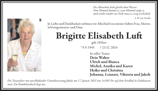 Traueranzeige von Brigitte Elisabeth Luft von Gelnhäuser Neue Zeitung