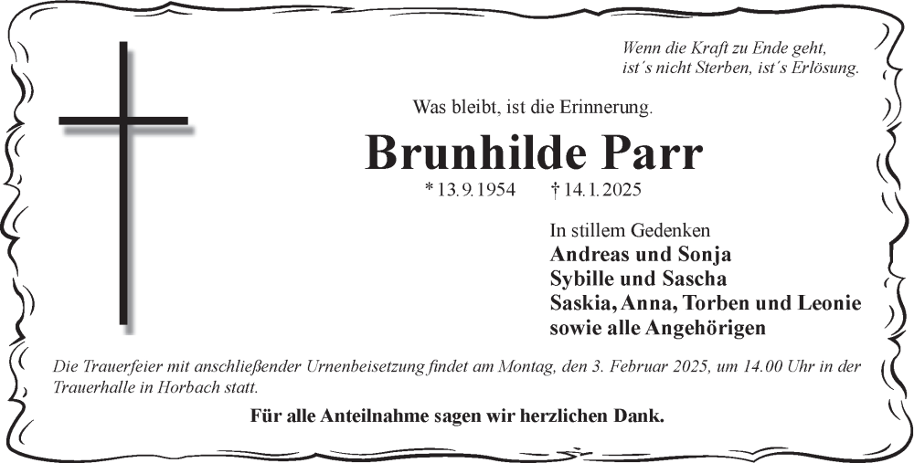  Traueranzeige für Brunhilde Parr vom 25.01.2025 aus Gelnhäuser Neue Zeitung