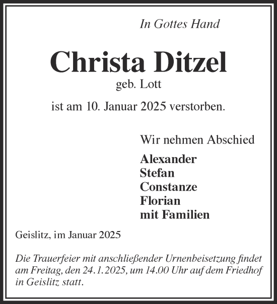 Traueranzeige von Christa Ditzel von Gelnhäuser Neue Zeitung