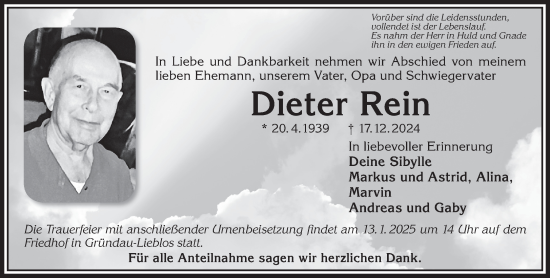 Traueranzeige von Dieter Rein von Mittelhessen-Bote
