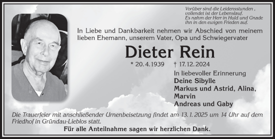 Traueranzeige von Dieter Rein von Gelnhäuser Neue Zeitung