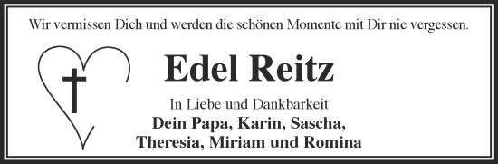 Traueranzeige von Edel Reitz von Mittelhessen-Bote