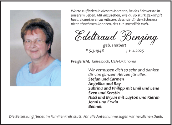 Traueranzeige von Edeltraud Benzing von Gelnhäuser Neue Zeitung