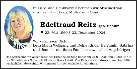 Traueranzeige von Edeltraud Reitz von Mittelhessen-Bote