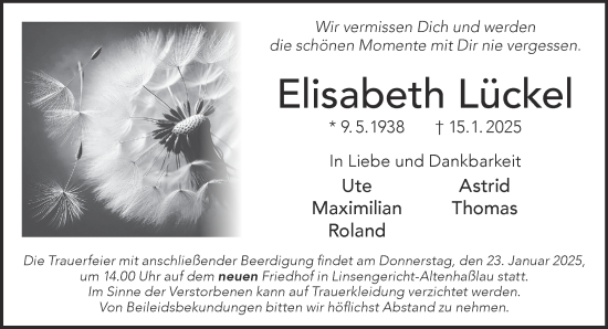 Traueranzeige von Elisabeth Lückel von Gelnhäuser Neue Zeitung