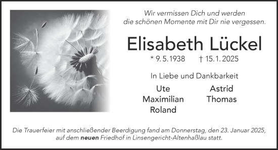 Traueranzeige von Elisabeth Lückel von Mittelhessen-Bote