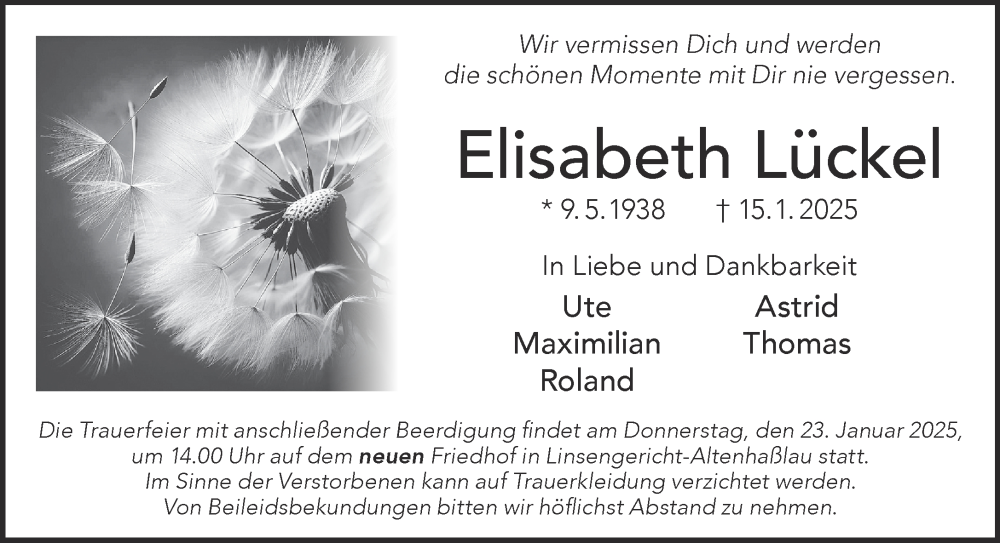  Traueranzeige für Elisabeth Lückel vom 18.01.2025 aus Gelnhäuser Neue Zeitung