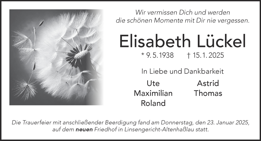  Traueranzeige für Elisabeth Lückel vom 25.01.2025 aus Mittelhessen-Bote