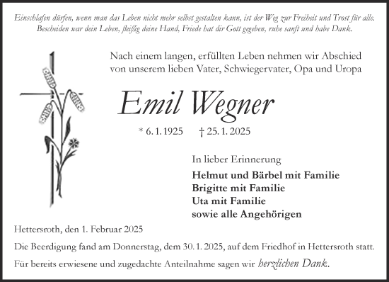 Traueranzeige von Emil Wegner von Mittelhessen-Bote