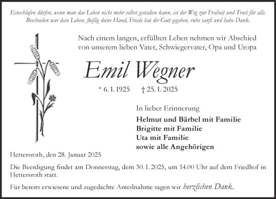 Traueranzeige von Emil Wegner von Gelnhäuser Neue Zeitung