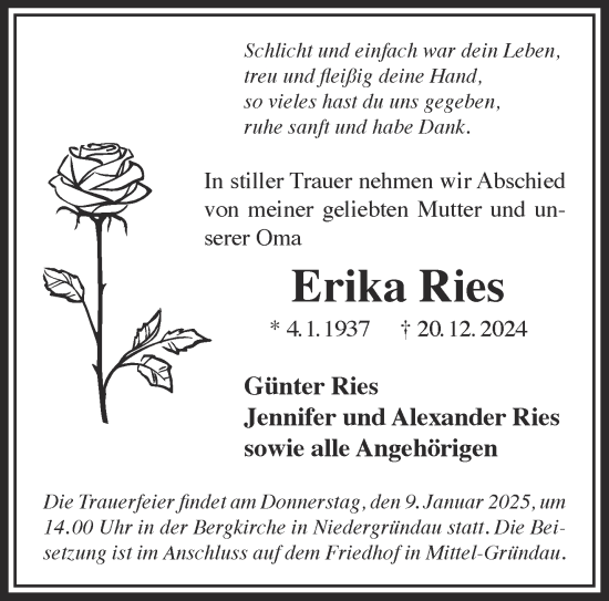 Traueranzeige von Erika Ries von Gelnhäuser Neue Zeitung
