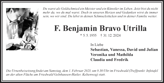 Traueranzeige von F. Benjamin Bravo Utrilla von Gelnhäuser Neue Zeitung