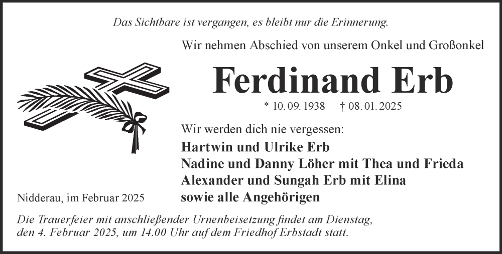  Traueranzeige für Ferdinand Erb vom 01.02.2025 aus Mittelhessen-Bote
