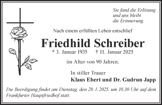 Traueranzeige von Friedhild Schreiber von Gelnhäuser Neue Zeitung