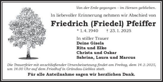 Traueranzeige von Friedrich Pfeiffer von Gelnhäuser Neue Zeitung