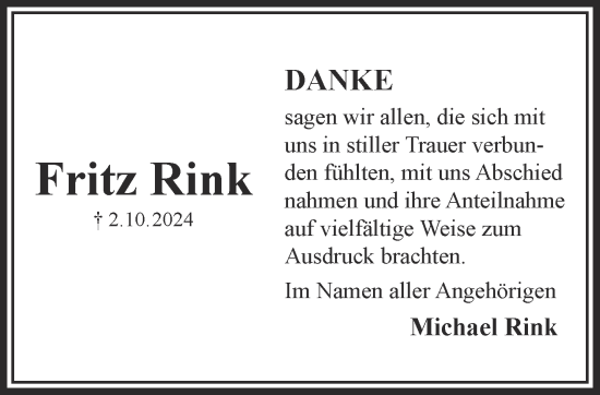 Traueranzeige von Fritz Rink von Gelnhäuser Neue Zeitung