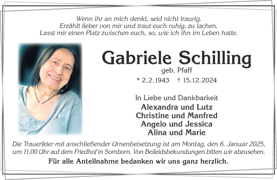 Traueranzeige von Gabriele Schilling von Mittelhessen-Bote