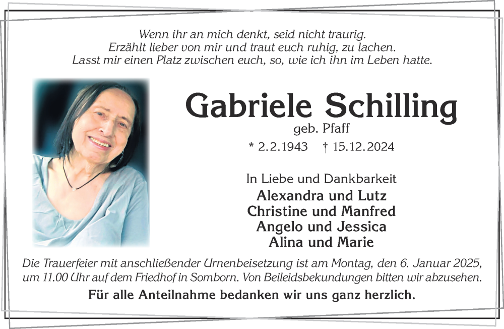  Traueranzeige für Gabriele Schilling vom 04.01.2025 aus Mittelhessen-Bote