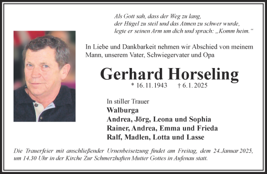 Traueranzeige von Gerhard Horseling von Gelnhäuser Neue Zeitung