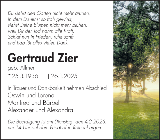 Traueranzeige von Gertraud Zier von Gelnhäuser Neue Zeitung