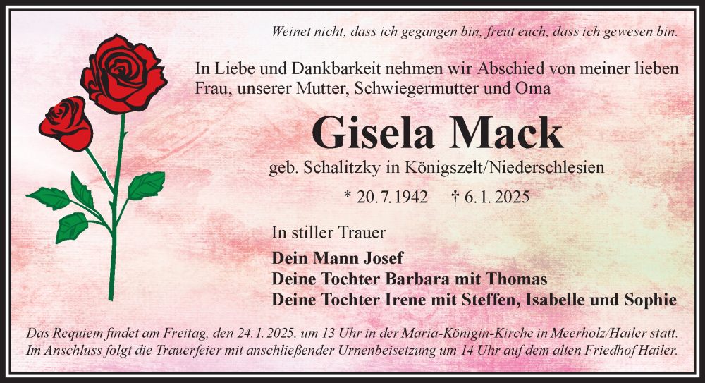  Traueranzeige für Gisela Mack vom 18.01.2025 aus Gelnhäuser Neue Zeitung
